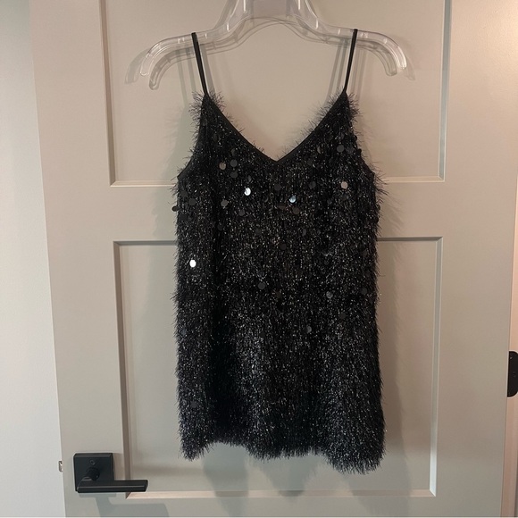 $498 NWT Lafayette 148 Medium Black Averie Fringe Sequin Tank Top Camisole - Picture 3 of 9